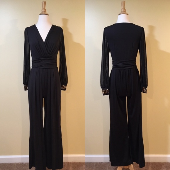 Pants - Studded Cuff Sheer Long Sleeve Wide Leg Jumpsuit